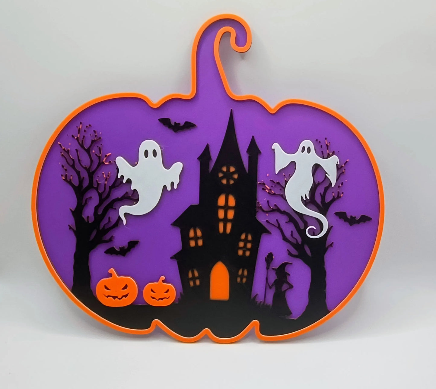 Spooky Silhouette Layered Pumpkin Sign - Purple, Black & Orange 3D Printed Halloween Art