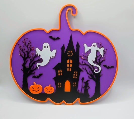 Spooky Silhouette Layered Pumpkin Sign - Purple, Black & Orange 3D Printed Halloween Art